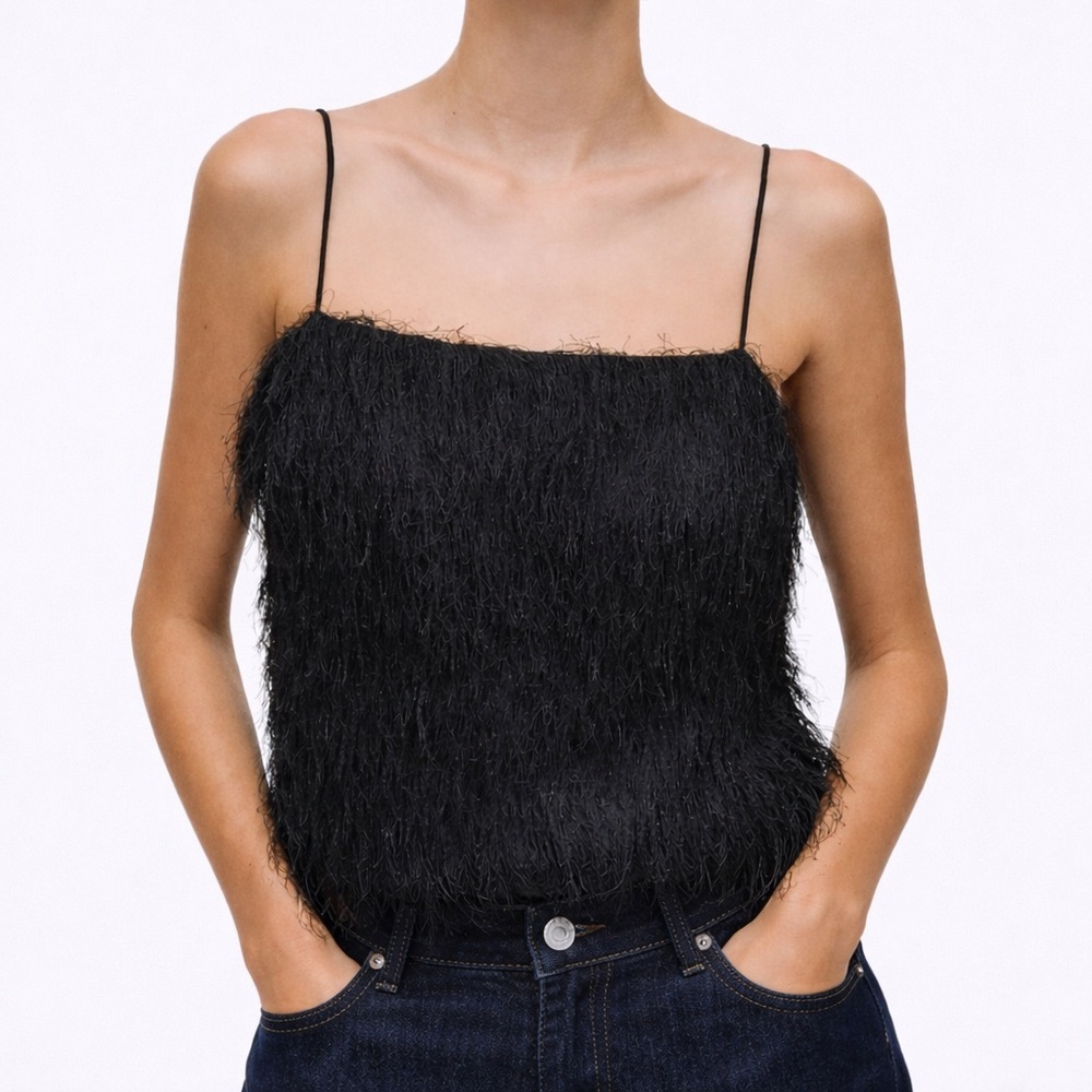 H&M Fringed Strappy Camisole Top Black Sz. L